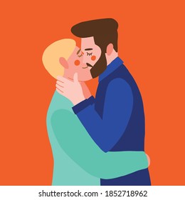 Cute cartoon gay couple kissing. Two men hugging each other. Saint Valentines day card with happy homosexual couple. LGBT couple. Hand-drawn vector illustration. International day of families.