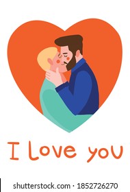 Cute cartoon gay couple kissing in the heart. I love you caption. Saint Valentines day card with happy homosexual couple. LGBT couple. Hand-drawn vector illustration. International day of families.