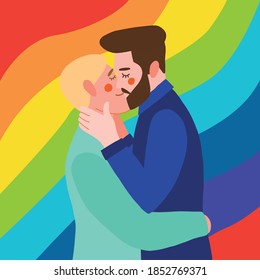 Cute cartoon gay couple kissing on a rainbow background. Saint Valentines day card with happy homosexual couple. LGBT couple. Hand-drawn vector illustration. International day of families.