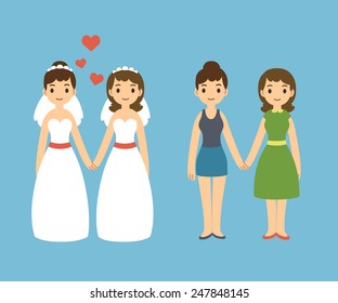 cute cartoon gay couple in wedding dresses   casual clothes