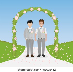 cute cartoon gay couple in white suits with wedding arch in the background, vector