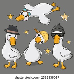 Cute cartoon Geese with accessories on a Gray background