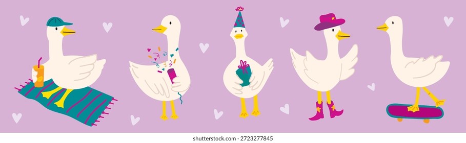 Gansos lindos de la historieta fijados en diversas poses. Divertidos personajes de aves de granja relajándose, celebrando una fiesta de cumpleaños y monopatín. Ilustración vectorial para el diseño y la impresión de los niños.,