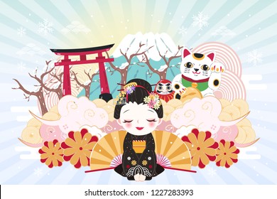 cute cartoon geisha with japan travel elements in winter