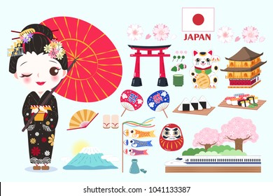 cute cartoon geisha on the green background