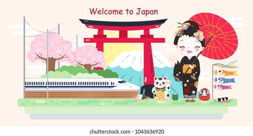 cute cartoon geisha on the white background
