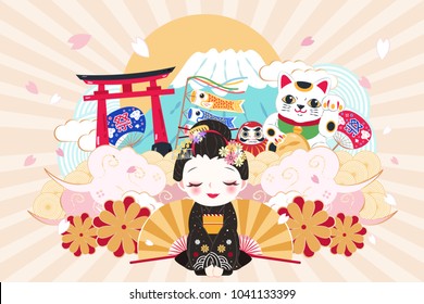 cute cartoon geisha with travel japan in the japanese word on green background