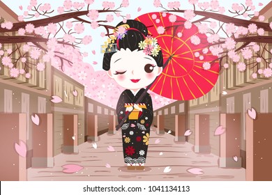 cute cartoon geisha wear kimono with cherry blossoms