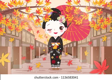 cute cartoon geisha wear kimono with maple