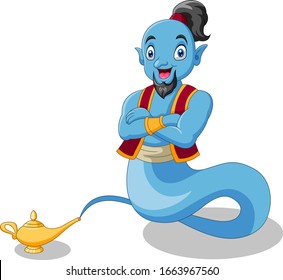 Cute cartoon genie appear from magic lamp