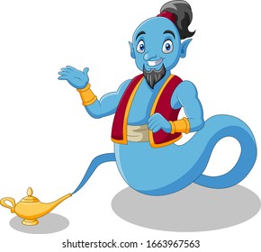 Cute cartoon genie appear from magic lamp