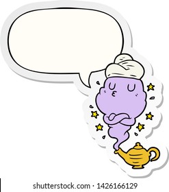cute cartoon genie rising out of lamp with speech bubble sticker