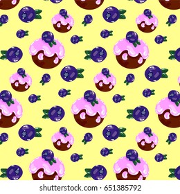Cute cartoon gentle background pattern with berry blueberry and cupcakes hand-drawn