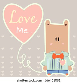 Cute cartoon in gentle blue shirt with bright orange bow tie is keeping heart balloon - sign Love me, with background in hearts. Vector illustration