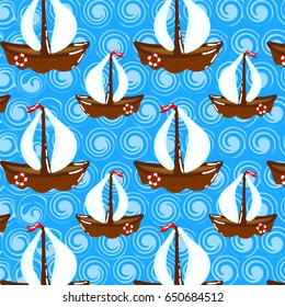 Cute cartoon gentle pattern of the sea and boats