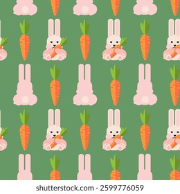 Cute cartoon geometric bunny with carrot seamless pattern. Funny rabbits pet animals hugging carrots, flat vector illustration.