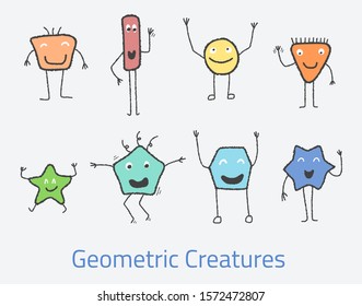 Cute cartoon geometric creatures set. Funny children's clothes design.