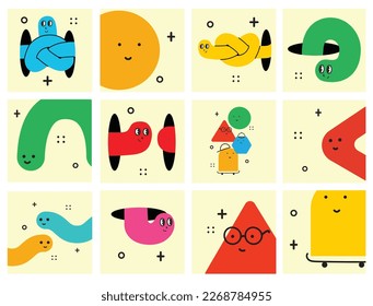 Cuta caricatura de figuras geométricas cartas con diferentes emociones faciales, divertida idea de afiche para los niños. Caracteres coloridos con texturas, ilustraciones vectoriales de moda, figuras básicas diversas