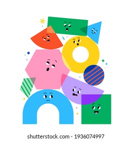 Cute cartoon geometric figures with different face emotions, funny poster idea for kids. Colorful characters, trendy vector illustrations, basic various figures for children education.