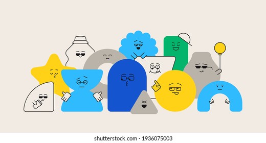 Cute cartoon geometric figures with different face emotions, funny poster idea for kids. Colorful characters, trendy vector illustrations, basic various figures for children education.