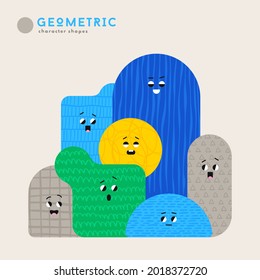 Cute cartoon geometric figures with different face emotions, funny poster idea for kids. Colorful characters with textures, trendy vector illustrations, basic various figures for children education.