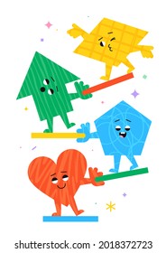 Cute cartoon geometric figures with different face emotions,  funny poster idea for kids. Colorful characters, trendy vector illustrations, basic various figures for children education.