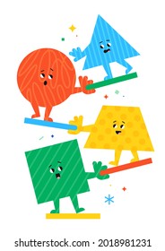 Cute cartoon geometric figures with different face emotions,  funny poster idea for kids. Colorful characters, trendy vector illustrations, basic various figures for children education.