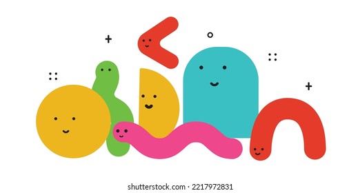 Cifras geométricas de dibujos animados con diferentes emociones faciales, divertida idea de afiches para los niños. Caracteres coloridos con texturas, ilustraciones vectoriales de moda, figuras básicas diversas