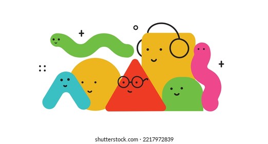 Cute cartoon geometric figures with different face emotions, funny poster idea for kids. Colorful characters with textures, trendy vector illustrations, basic various figures