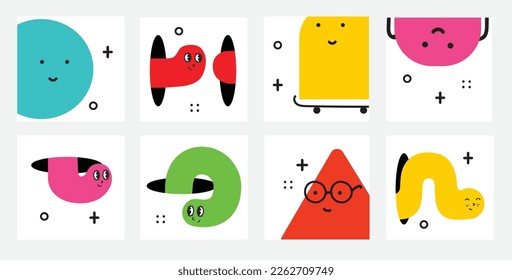 Cute cartoon geometric figures with different face emotions, funny poster idea for kids. Colorful characters with textures, trendy vector illustrations, basic various figures
