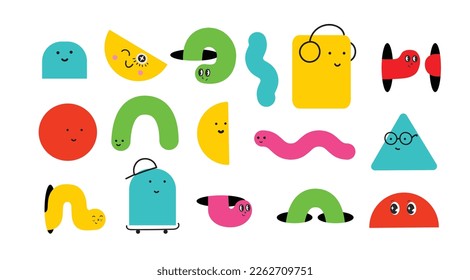 Cute cartoon geometric figures with different face emotions, funny poster idea for kids. Colorful characters with textures, trendy vector illustrations, basic various figures