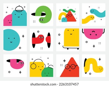 Cifras geométricas de dibujos animados con diferentes emociones faciales, divertida idea de afiches para los niños. Caracteres coloridos con texturas, ilustraciones vectoriales de moda, figuras básicas diversas