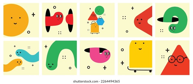 Cifras geométricas de dibujos animados con diferentes emociones faciales, divertida idea de afiches para los niños. Caracteres coloridos con texturas, ilustraciones vectoriales de moda, figuras básicas diversas