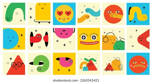 Cute cartoon geometric figures with different face emotions, funny poster idea for kids. Colorful characters with textures, trendy vector illustrations, basic various figures