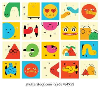 Cute Cartoon geometrische Figuren mit unterschiedlichen Gesichtsgefühlen, lustige Poster-Idee für Kinder. Farbige Zeichen mit Texturen, trendige Vektorgrafiken, einfache verschiedene Figuren