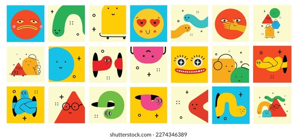 Cute cartoon geometric figures with different face emotions, funny poster idea for kids. Colorful characters with textures, trendy vector illustrations, basic various figures