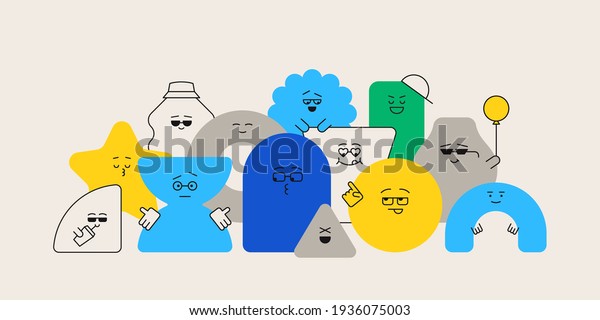 Cute cartoon geometric figures with different\
face emotions, funny poster idea for kids. Colorful characters,\
trendy vector illustrations, basic various figures for children\
education.