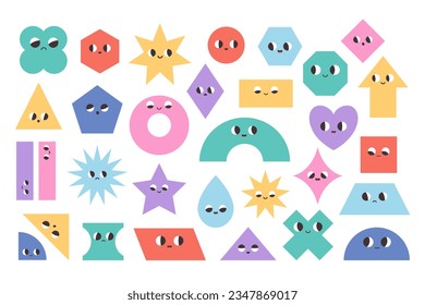 Cute cartoon geometric shapes characters. Basic abstract geometry figures with cartoon faces. Trendy educational objects for preschool kids. Vector illustration in flat style