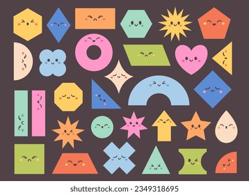 Cute cartoon geometric shapes characters. Basic abstract geometry figures with cartoon faces. Trendy educational objects for preschool kids. Vector illustration in flat style