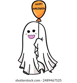 Cute cartoon ghost with balloon in Halloween illustration