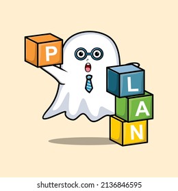 Cute cartoon ghost businessman stacking plan box in 3d modern style design