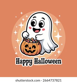  Cute Cartoon Ghost with Candy Bag Halloween Kids Illustration