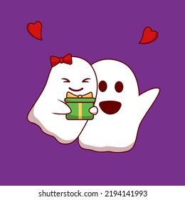 Cute cartoon ghost carrying a gift box. Vector illustration