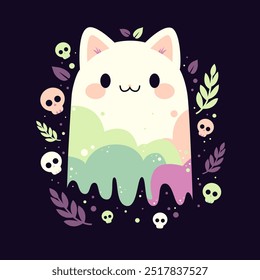 Cute cartoon ghost cat on dark background. Spooky flying spirit. Vector illustration. Halloween night. Kawaii character for design greeting card, banner, poster	