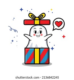 Cute cartoon ghost character coming out from big gift box look so happy in concept 3d cartoon style