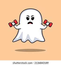 Cute cartoon ghost character is fitness with barbell in modern style design