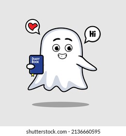 Cute cartoon ghost character holding diary book with happy expression in concept 3d cartoon style