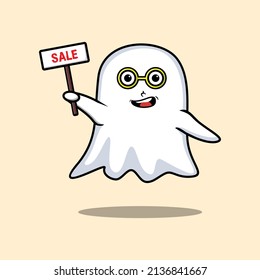 Cute cartoon ghost character holding sale sign designs in concept 3d cartoon style