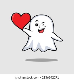 Cute cartoon ghost character holding big red heart in modern style design 