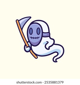 Cute Cartoon Ghost Character Holding a Scythe in a Playful Style for Halloween and Spooky Themes